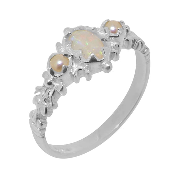 LBG British Made 925 Sterling Silver Real Genuine Opal & Cultured Pearl Womens Promise Ring - 33 size options - Size 8.25