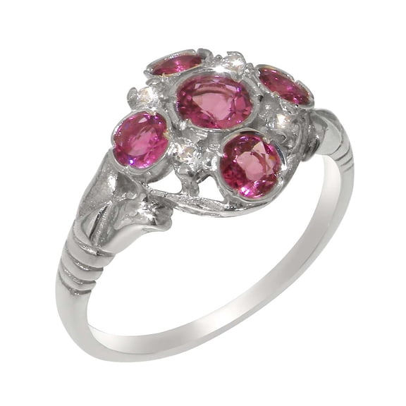 LBG British Made 925 Sterling Silver Real Genuine Pink Tourmaline & Cubic Zirconia Womens Statement Ring - 33 size options - Size 5.75