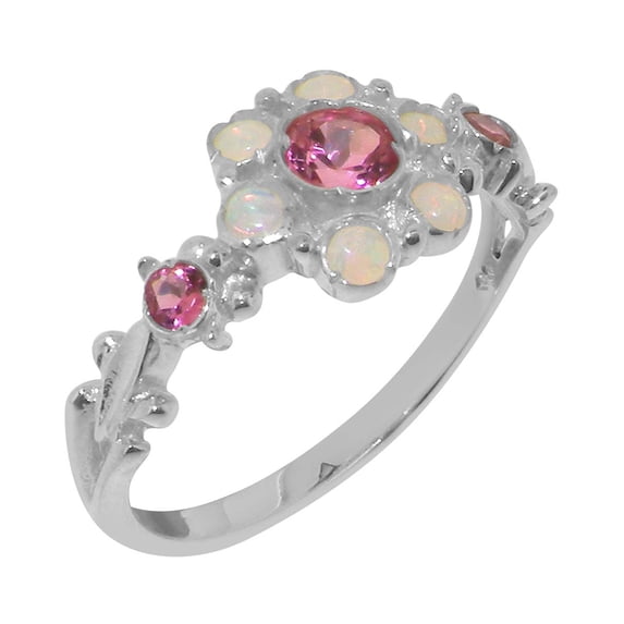 LBG British Made 925 Sterling Silver Real Natural Pink Tourmaline & Opal Womens Statement Ring - 33 size options - Size 8