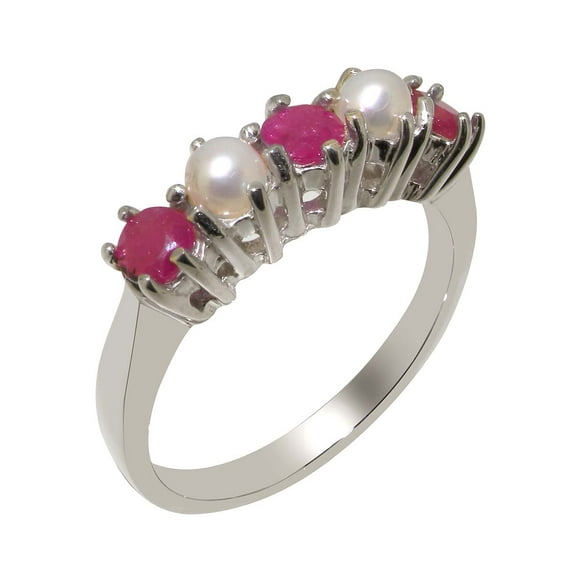LBG British Made 925 Sterling Silver Real Ruby & Cultured Pearl Womens Eternity Ring - 33 size options - Size 5.5