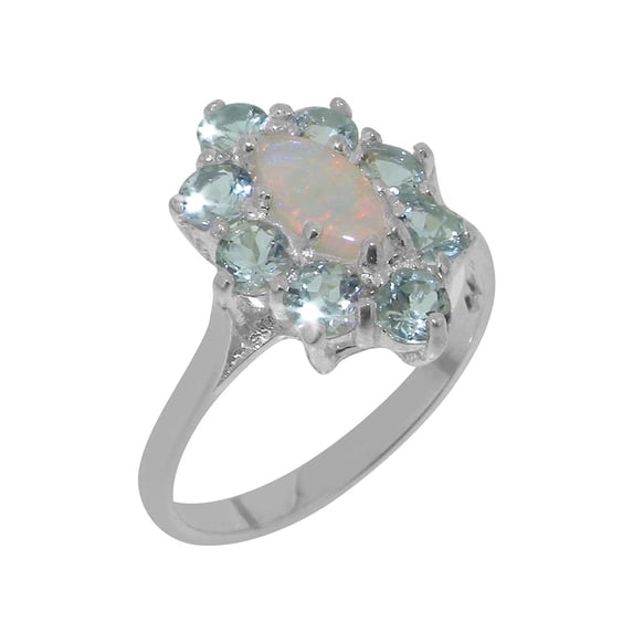 LBG British Made 925 Sterling Silver Ring with Natural Opal & Aquamarine Womens Statement Ring - 33 size options - Size 7.25