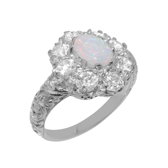 LBG British Made 925 Sterling Silver Ring with Natural Opal & Cubic Zirconia Womens Statement Ring - 33 size options - Size 7.25