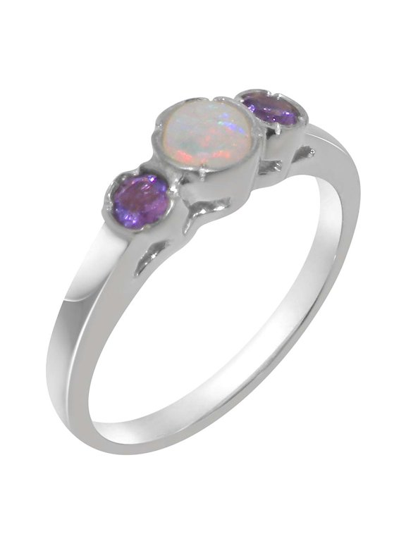 LBG British Made 925 Sterling Silver Womens Ring Natural Opal & Amethyst Anniversary Ring - 33 size options - Size 7.5