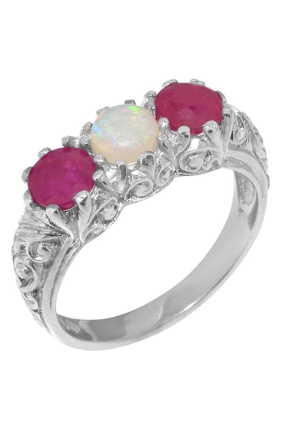 LBG British Made 925 Sterling Silver Womens Ring Natural Opal & Ruby Anniversary Ring - 33 size options - Size 7.5