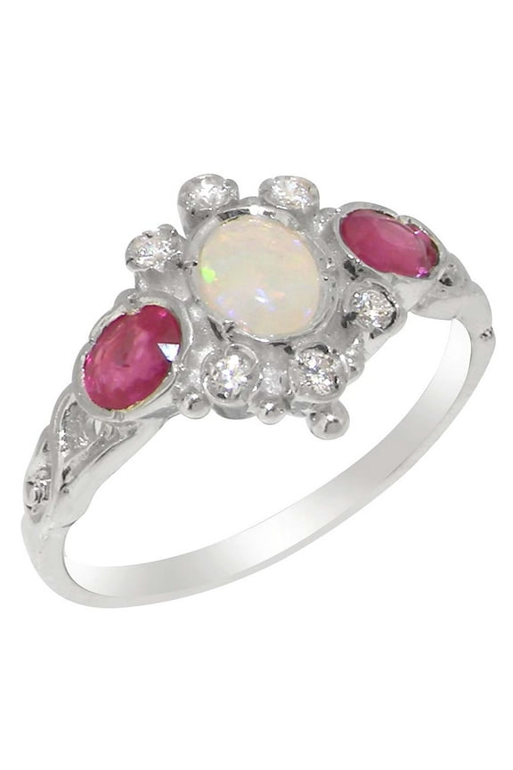 LBG British Made 925 Sterling Silver Womens Ring Natural Opal Ruby Cubic Zirconia Anniversary Ring - 33 size options - Size 7.5
