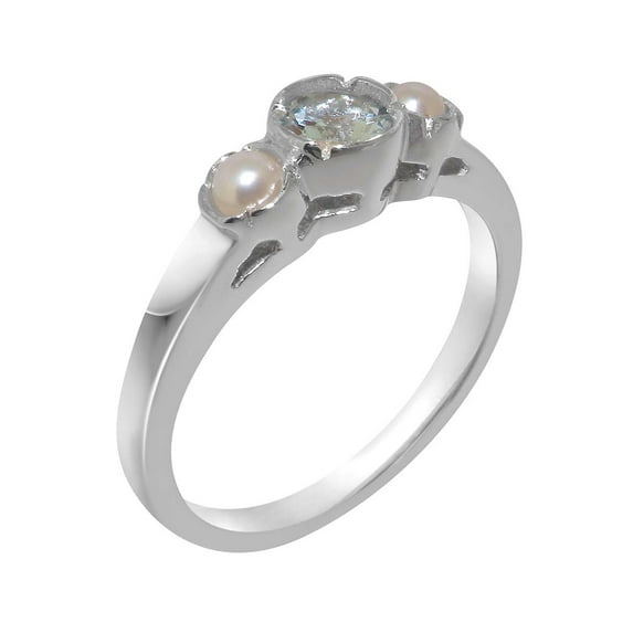 LBG British Made 925 Sterling Silver ring with Natural Aquamarine & Cultured Pearl Womens Anniversary Ring - 33 size options - Size 11.25