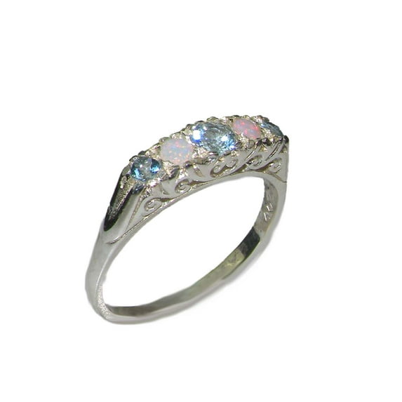 LBG British Made 9ct White Gold Natural Aquamarine & Opal Womens Band Ring - 33 size options - Size 9.5