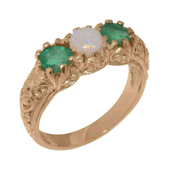 LBG British Made 9k Rose Gold Genuine Natural Opal & Emerald Womens Statement Ring - 33 size options - Size 5.5