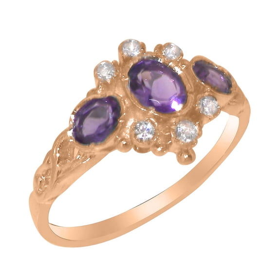 LBG British Made 9k Rose Gold Natural Amethyst & Cubic Zirconia Womens Statement Ring - 33 size options - Size 9.25