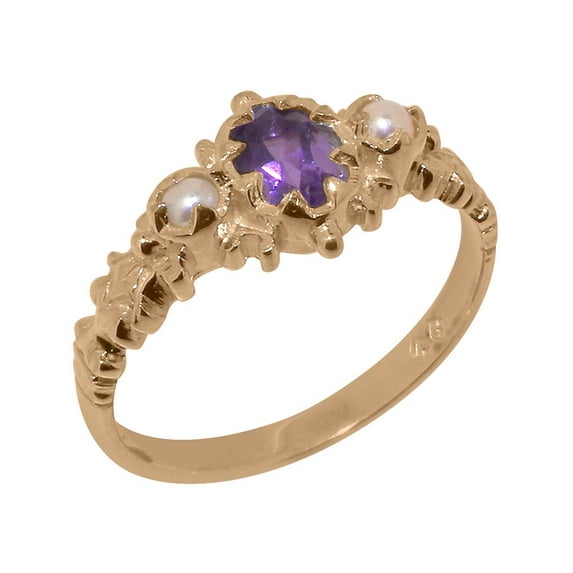 LBG British Made 9k Rose Gold Natural Amethyst & Cultured Pearl Womens Engagement Ring - 33 size options - Size 6