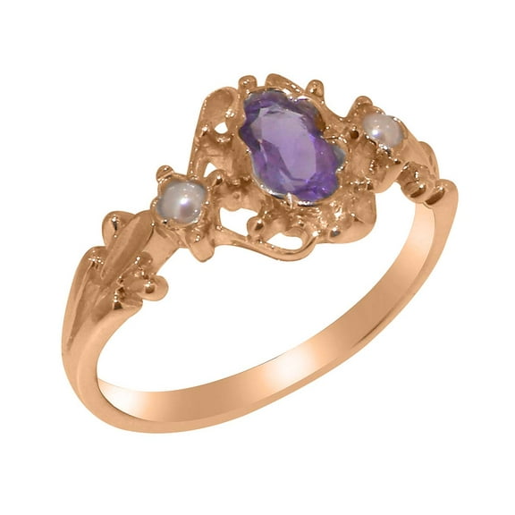 LBG British Made 9k Rose Gold Natural Amethyst & Cultured Pearl Womens Trilogy Ring - 33 size options - Size 5.25