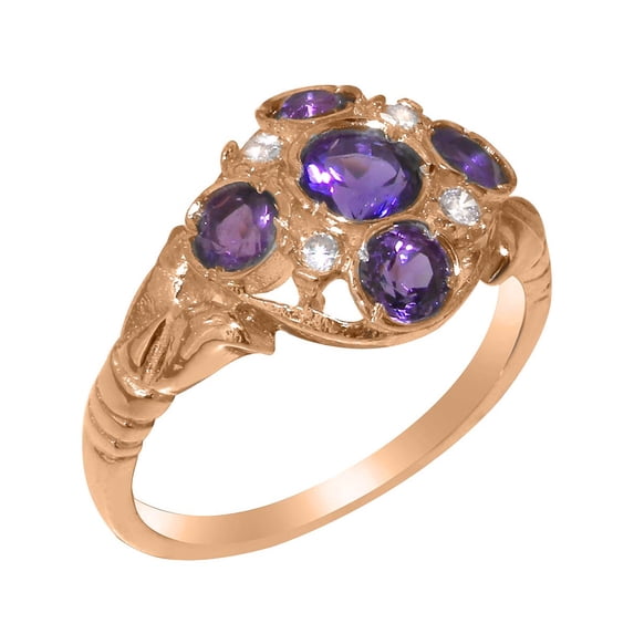 LBG British Made 9k Rose Gold Natural Amethyst & Diamond Womens Promise Ring - 33 size options - Size 9.5
