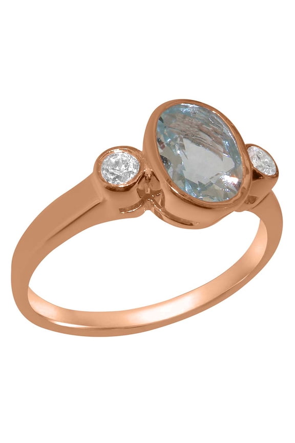LBG British Made 9k Rose Gold Natural Aquamarine & Cubic Zirconia Womens Anniversary Ring - 33 size options - Size 9