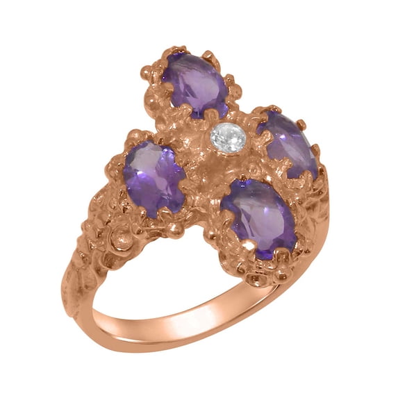 LBG British Made 9k Rose Gold Natural Diamond & Amethyst Womens Anniversary Ring - 33 size options - Size 12