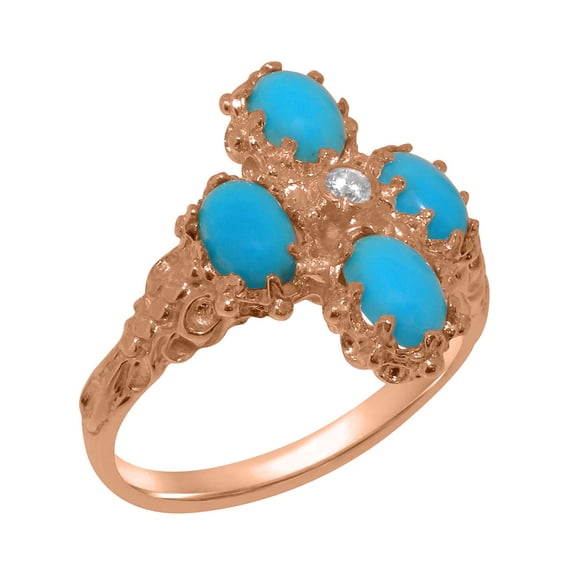LBG British Made 9k Rose Gold Natural Diamond & Turquoise Womens Engagement Ring - 33 size options - Size 4.75