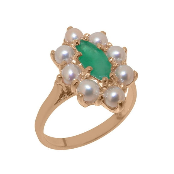 LBG British Made 9k Rose Gold Natural Emerald & Cultured Pearl Womens Anniversary Ring - 33 size options - Size 8.5