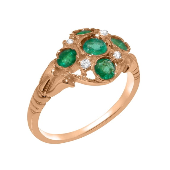 LBG British Made 9k Rose Gold Natural Emerald & Diamond Womens Statement Ring - 33 size options - Size 10