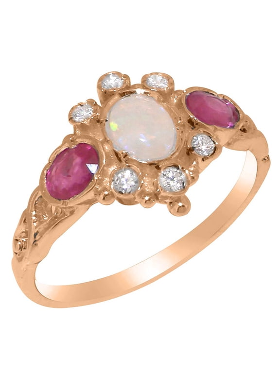 LBG British Made 9k Rose Gold Natural Opal Ruby Diamond Womens Anniversary Ring - 33 size options - Size 7.75