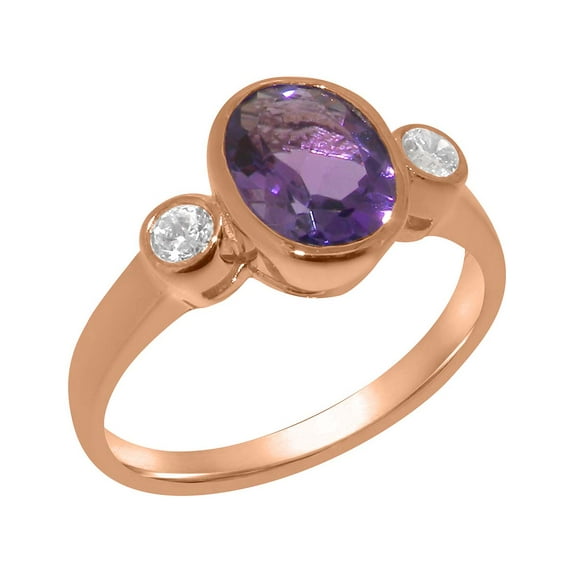 LBG British Made 9k Rose Gold Real Genuine Amethyst & Diamond Womens Promise Ring - 33 size options - Size 5.75