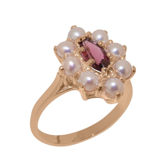 LBG British Made 9k Rose Gold Ring with Natural Pink Tourmaline & Cultured Pearl Womens Statement Ring - 33 size options - Size 7.25