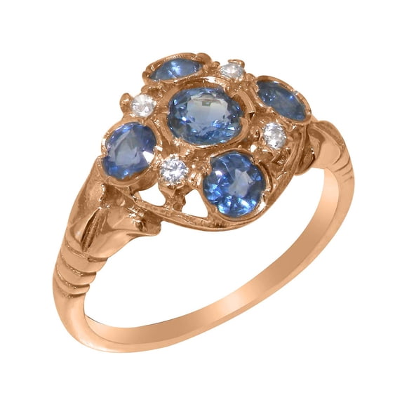 LBG British Made 9k Rose Gold Ring with Natural Sapphire & Cubic Zirconia Womens Statement Ring - 33 size options - Size 4