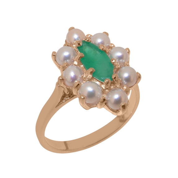 LBG British Made 9k Rose Gold ring with Natural Emerald & Cultured Pearl Womens Statement Ring - 33 size options - Size 11
