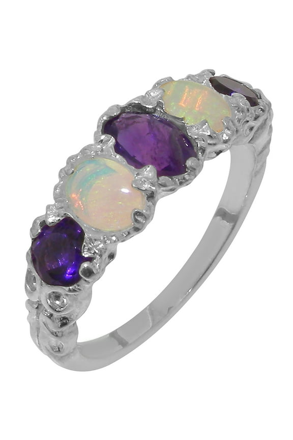 LBG British Made 9k White Gold Amethyst & Opal ring Womens Band Ring - 33 size options - Size 11.75