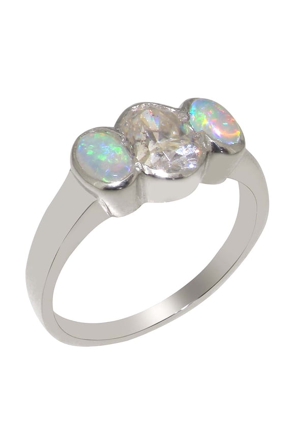 LBG British Made 9k White Gold Cubic Zirconia & Natural Opal Womens Anniversary Ring - 33 size options - Size 9