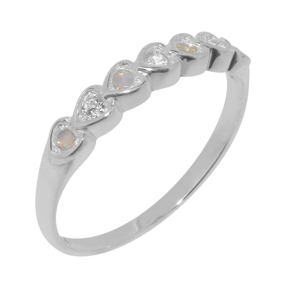 LBG British Made 9k White Gold Cubic Zirconia & Real Natural Opal Womens Eternity Ring - 33 size options - Size 8