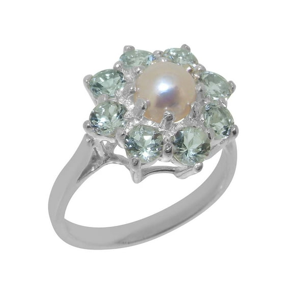 LBG British Made 9k White Gold Cultured Pearl & Aquamarine Womens Statement Ring - 33 size options - Size 11.5