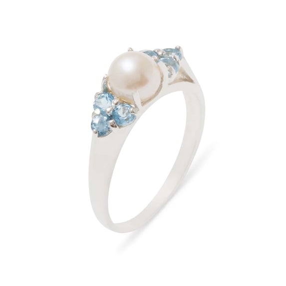 LBG British Made 9k White Gold Cultured Pearl & Blue Topaz Womens Cluster Ring - 33 size options - Size 11.25