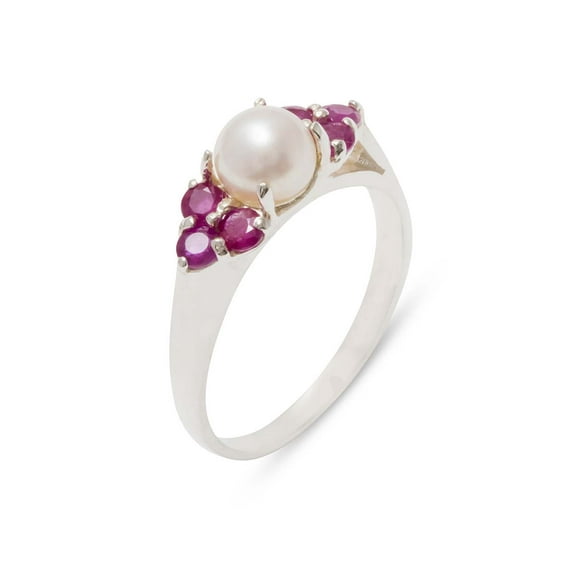 LBG British Made 9k White Gold Cultured Pearl & Ruby Womens Cluster Ring - 33 size options - Size 7.75