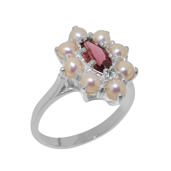 LBG British Made 9k White Gold Genuine Natural Pink Tourmaline & Cultured Pearl Womens Anniversary Ring - 33 size options - Size 5.5