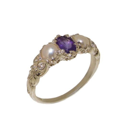 LBG British Made 9k White Gold Natural Amethyst & Cultured Pearl Womens Trilogy Ring - 33 size options