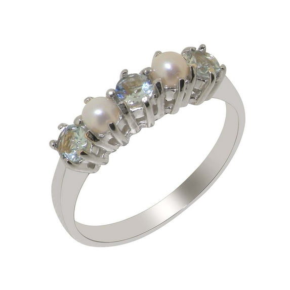 LBG British Made 9k White Gold Natural Aquamarine March Birthstone & Cultured Pearl Womens Eternity Ring - 33 size options - Size 8