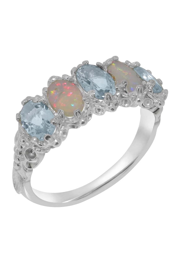 LBG British Made 9k White Gold Natural Aquamarine & Opal Womens Eternity Ring - 33 size options - Size 9