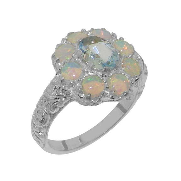 LBG British Made 9k White Gold Natural Aquamarine & Opal Womens Statement Ring - 33 size options - Size 7