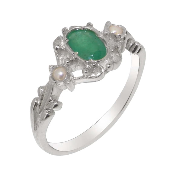 LBG British Made 9k White Gold Natural Emerald & Cultured Pearl Womens Engagement Ring - 33 size options - Size 6