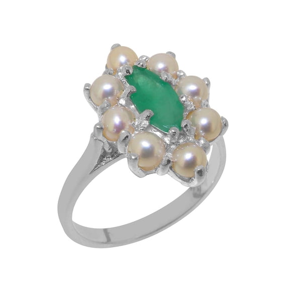 LBG British Made 9k White Gold Natural Emerald & Cultured Pearl Womens Promise Ring - 33 size options - Size 7.75