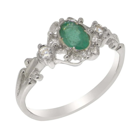 LBG British Made 9k White Gold Natural Emerald & Diamond Womens Engagement Ring - 33 size options - Size 6