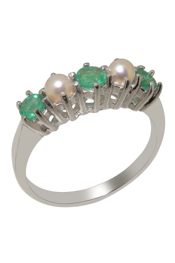 LBG British Made 9k White Gold Natural Emerald May Birthstone & Cultured Pearl Womens Eternity Ring - 33 size options - Size 8