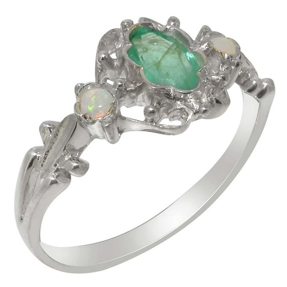 LBG British Made 9k White Gold Natural Emerald & Opal Womens Engagement Ring - 33 size options - Size 7.25