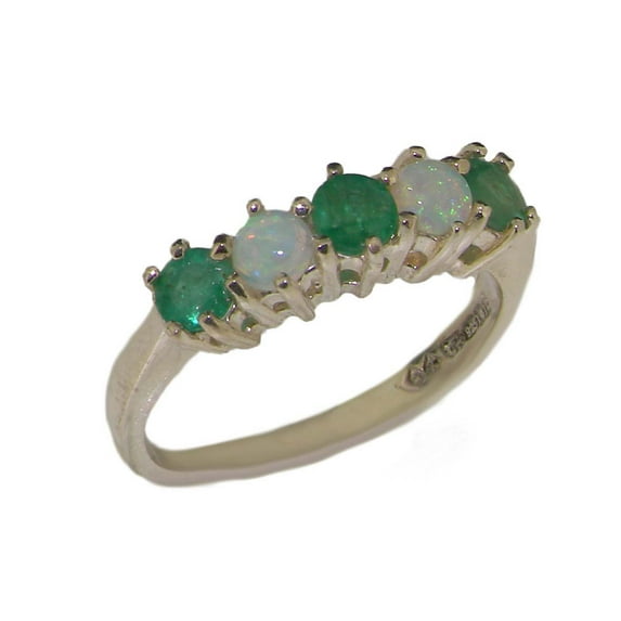 LBG British Made 9k White Gold Natural Emerald & Opal Womens Eternity Ring - 33 size options - Size 4.75