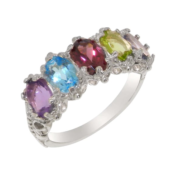 LBG British Made 9k White Gold Natural Multi Gemstone Womens Eternity Ring - 33 size options - Size 5.75