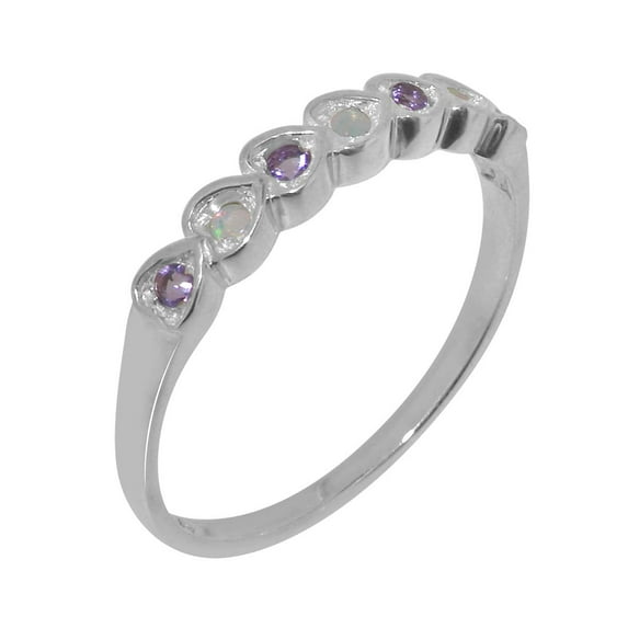 LBG British Made 9k White Gold Natural Opal & Amethyst Womens Promise Ring - 33 size options - Size 10.5