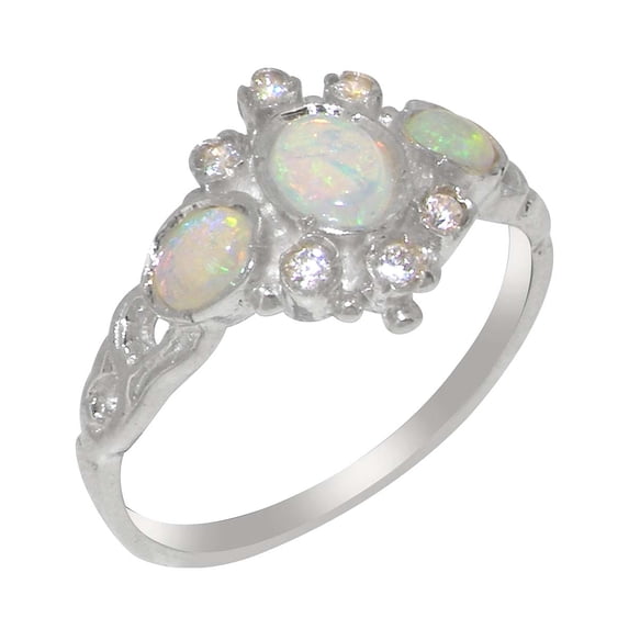 LBG British Made 9k White Gold Natural Opal & Cubic Zirconia Womens Anniversary Ring - 33 size options - Size 12