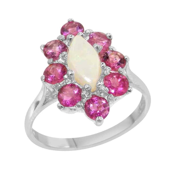 LBG British Made 9k White Gold Natural Opal & Pink Tourmaline Womens Engagement Ring - 33 size options - Size 4.75