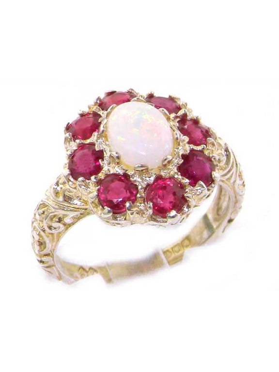 LBG British Made 9k White Gold Natural Opal & Ruby Womens Statement Ring - 33 size options - Size 9