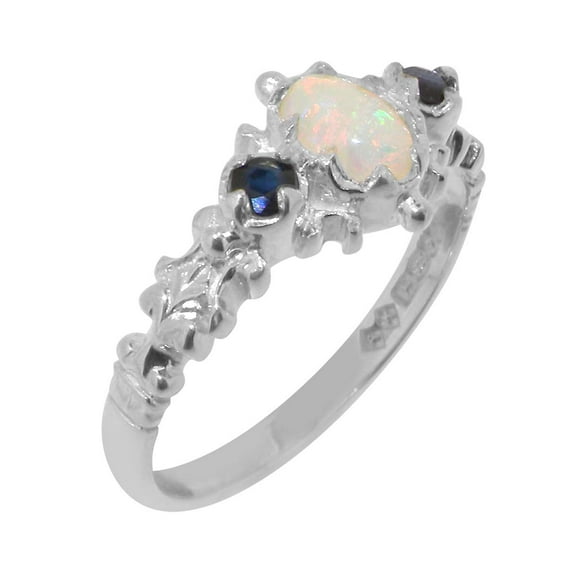 LBG British Made 9k White Gold Natural Opal & Sapphire Womens Anniversary Ring - 33 size options - Size 9