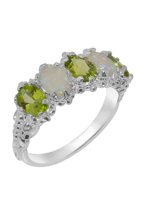 LBG British Made 9k White Gold Natural Peridot & Opal Womens Eternity Ring - 33 size options - Size 9